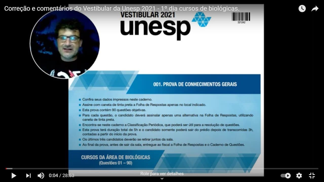 Thumbnail: Correção e comentários do Vestibular da Unesp 2021 - 1º dia cursos de biológicas.