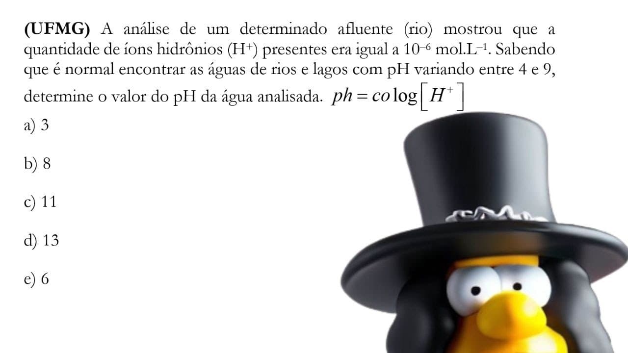 Thumbnail: (UFMG) A análise de um determinado afluente rio mostrou que a quantidade de íons hidrônios H+