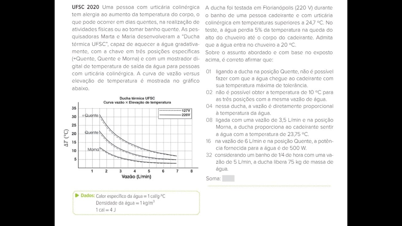 Thumbnail: (UFSC 2020) Uma pessoa com urticária colinérgica tem alergia ao aumento da temperatura do corpo, o
