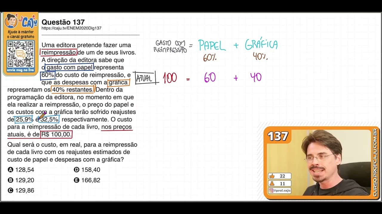 Thumbnail: [ENEM 2020 DIG] 137 📘 PORCENTAGEM Uma editora pretende fazer uma reimpressão de um de seus livros.