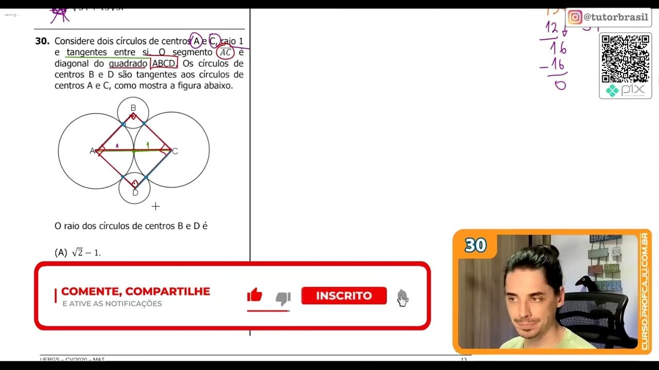 Thumbnail: [UFRGS 2020] 30 - Considere dois círculos de centros A e C, raio 1 e tangentes entre si. O segmento