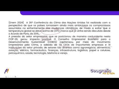 Thumbnail da aula: ENEM 2024- QUESTÕES AMBIENTAIS E GEOPOLÍTICA GLOBAL | A 26ª Conferência do Clima das Nações...