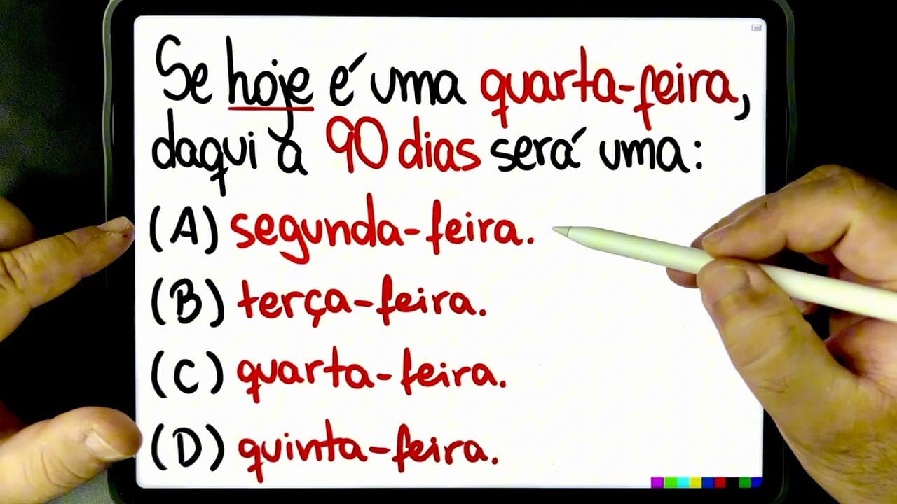 Thumbnail: 🔥 RACIOCÍNIO LÓGICO sobre o DIA DA SEMANA 😱 Se hoje é QUARTA-FEIRA, daqui a 90 DIAS será? Sabe?