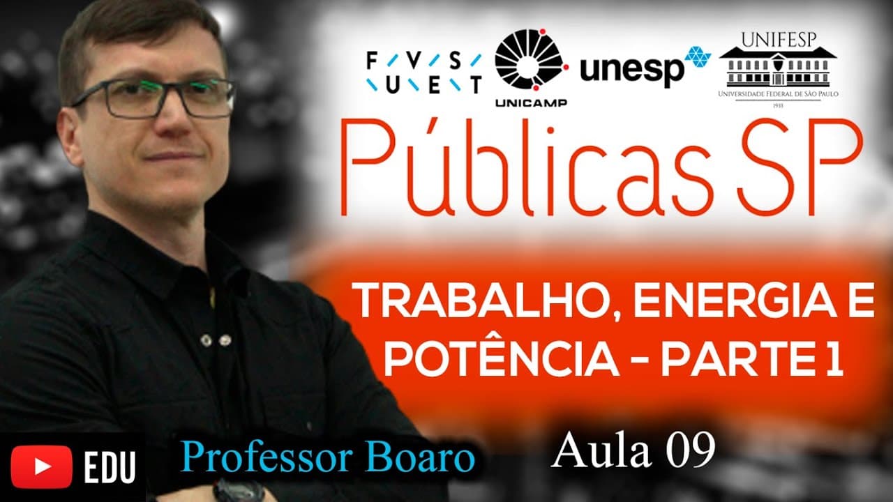 Thumbnail: TRABALHO, ENERGIAS e POTÊNCIA - Parte 1 - FUVEST UNESP UNICAMP - EXERCÍCIOS RESOLVIDOS - AULA 9