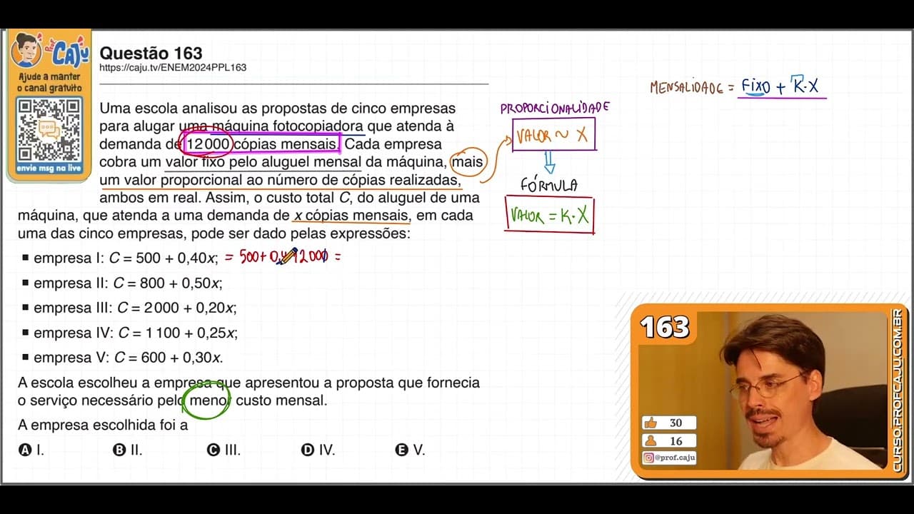 Thumbnail: [ENEM 2024 PPL] 163 📘 ÁLGEBRA Uma escola analisou as propostas de cinco empresas para alugar uma
