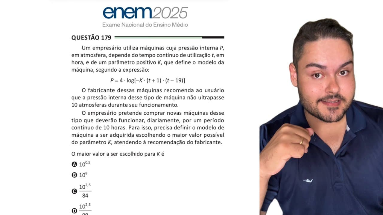 Thumbnail: ENEM 2025 - Um empresário utiliza máquinas cuja pressão interna P, em atmosfera, depende do tempo