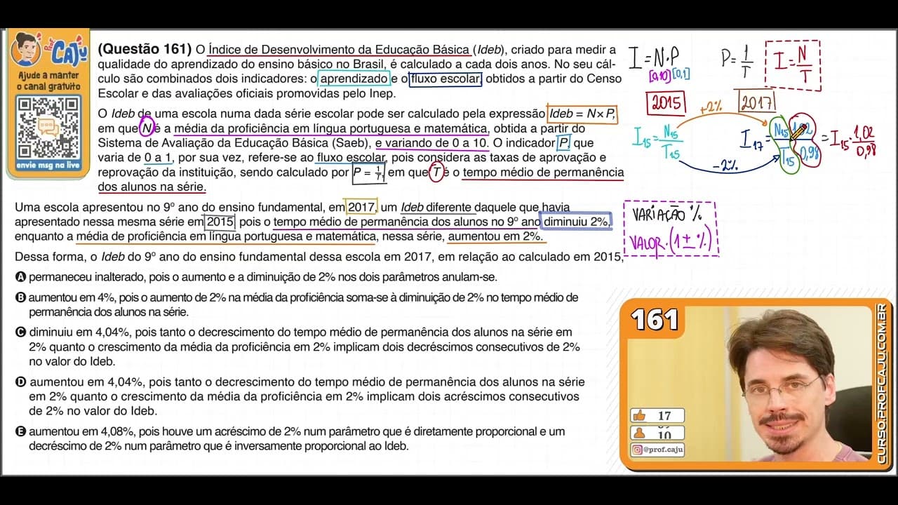 Thumbnail: [ENEM 2020 DIG] 161 📘 PORCENTAGEM O Índice de Desenvolvimento da Educação Básica (Ideb), criado para