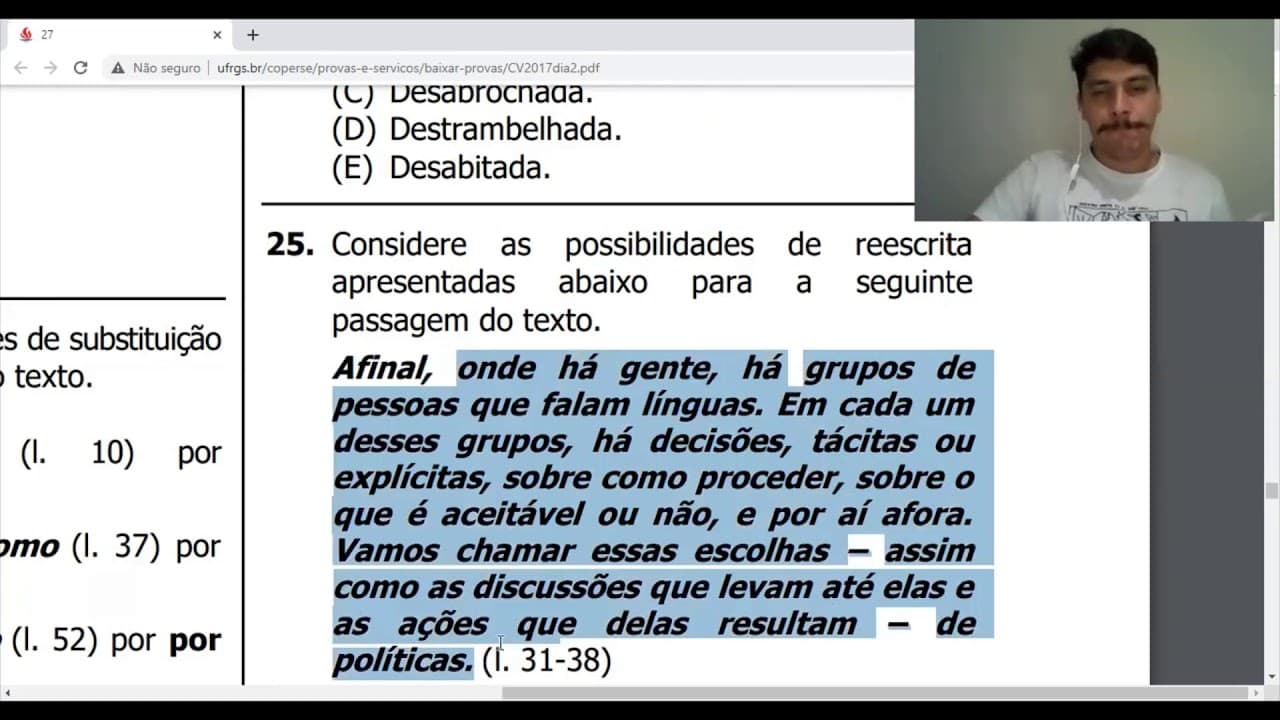 Thumbnail: UFRGS Português - Questão de Reescrita