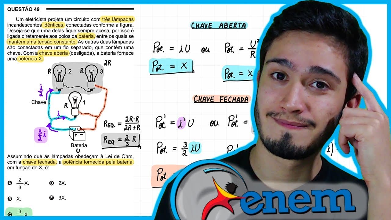 Thumbnail: ENEM 2015 PPL - Um eletricista projeta um circuito com três lâmpadas incandescentes idênticas, conec