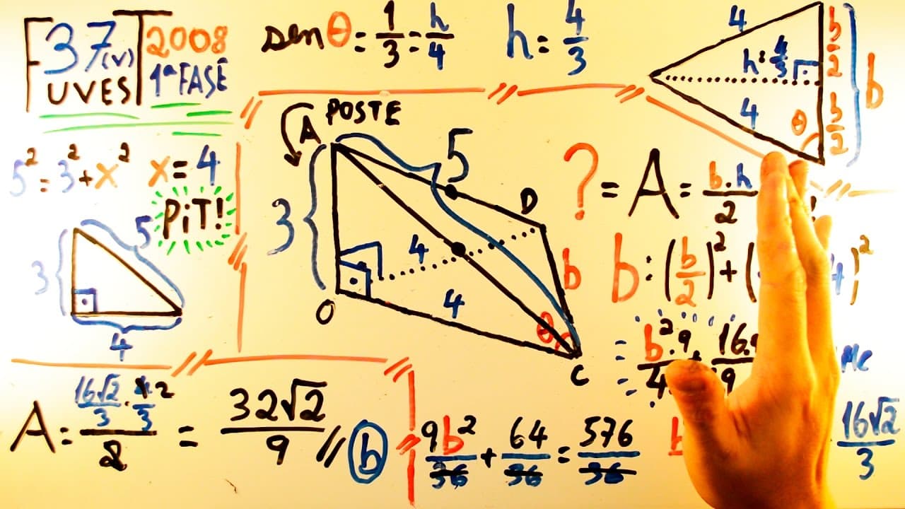 Thumbnail: Projeção TRIANGULAR FUVEST 2008 - Matemática 37 - Pitágoras, Seno e Área de Triângulo - 1ª fase