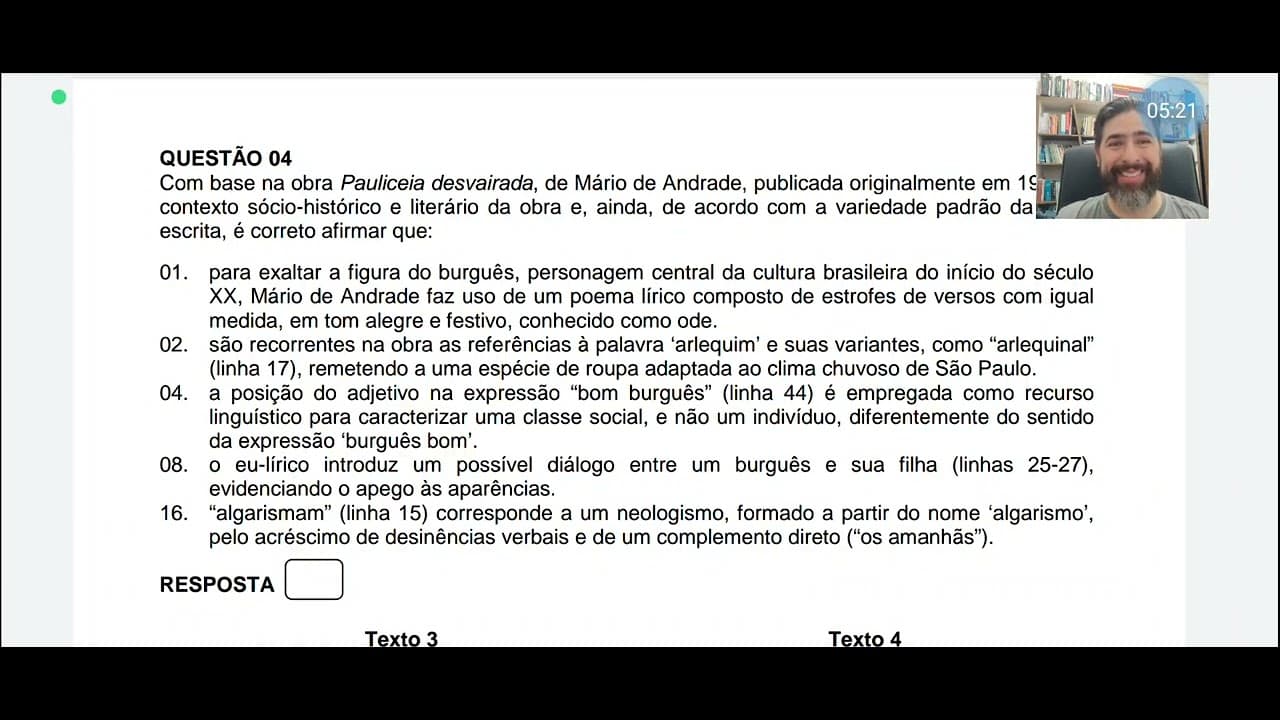 Thumbnail: Prova comentada: vestibular UFSC 2023 Língua Portuguesa e Literatura Questão 4: Pauliceia Desvairada