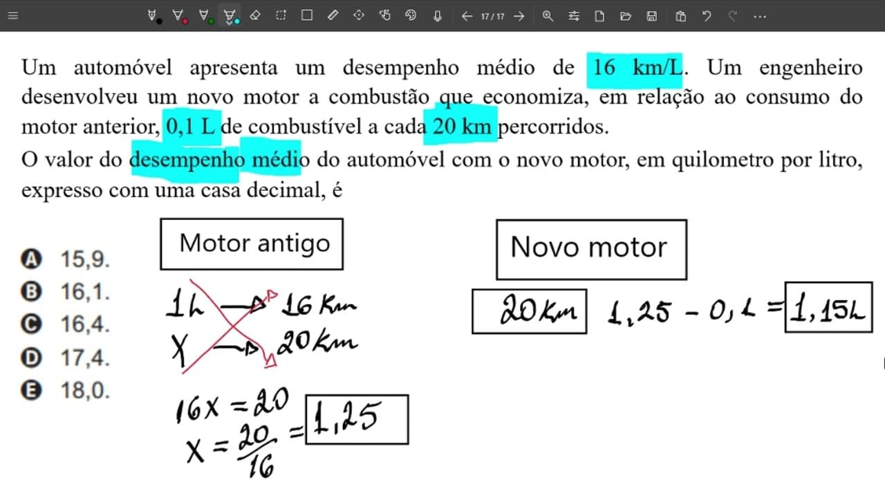Thumbnail: ENEM 2021 Um automóvel apresenta um desempenho médio de 16 km/L ... Regra de três simples.