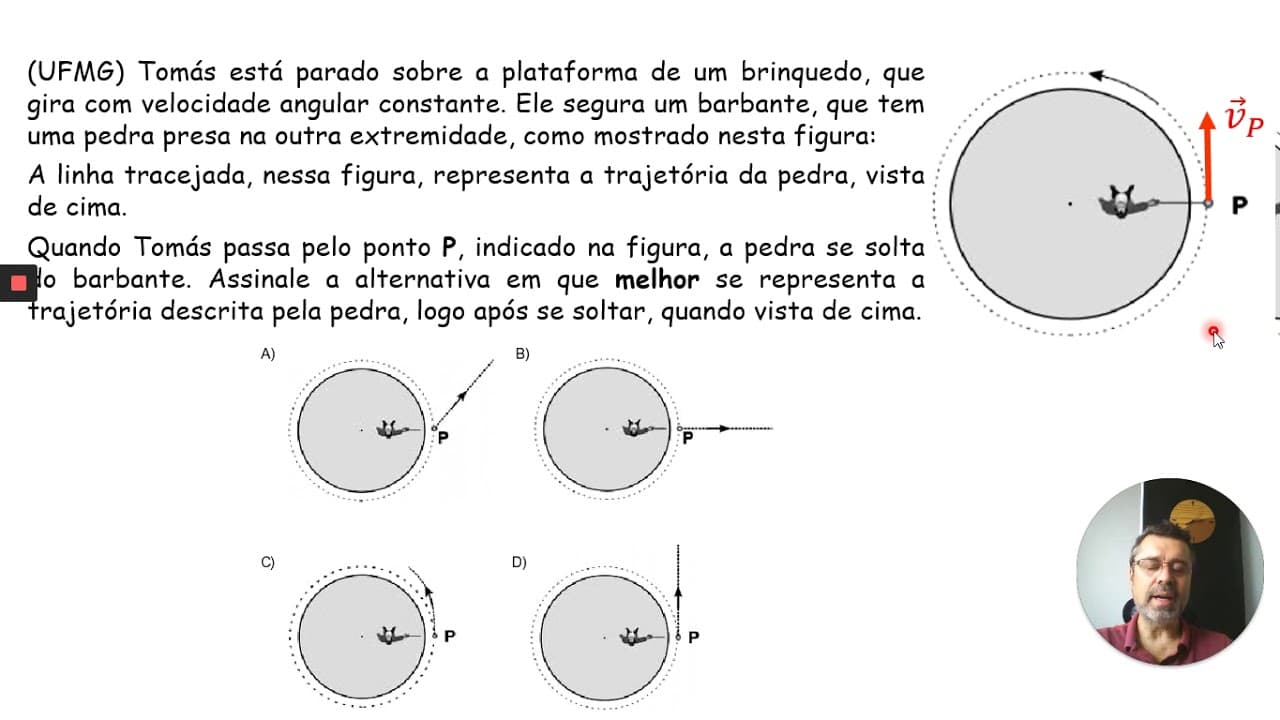 Thumbnail: UFMG: Tomás está parado sobre uma plataforma de um brinquedo que gira com velocidade angular ...