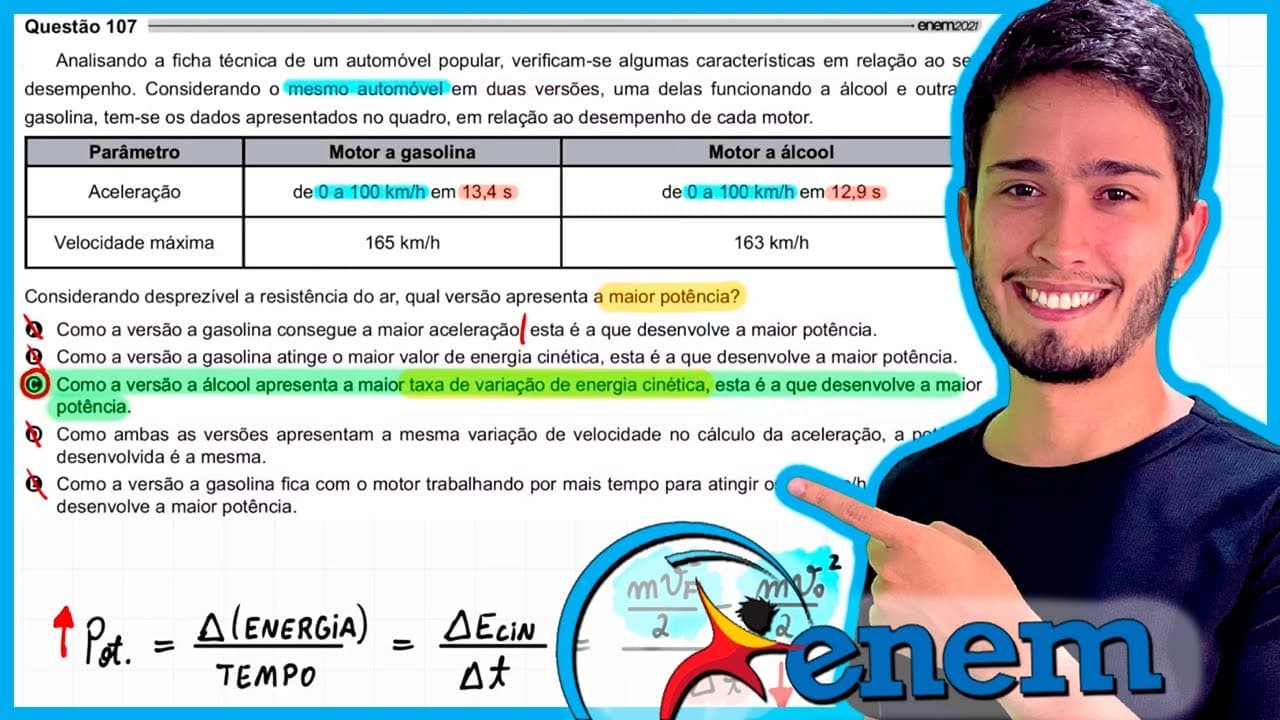 Thumbnail: ENEM 2021 - Analisando a ficha técnica de um automóvel popular, verificam-se algumas características