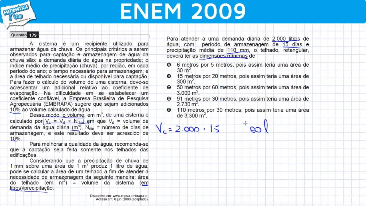 Thumbnail: ENEM 2009 Matemática #44 - Volume da Cisterna e Área do Telhado