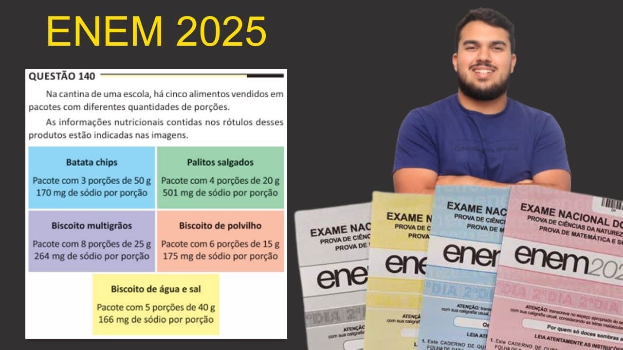 Thumbnail: ENEM 2025 - Na cantina de uma escola, há cinco alimentos vendidos em pacotes com diferentes quantida