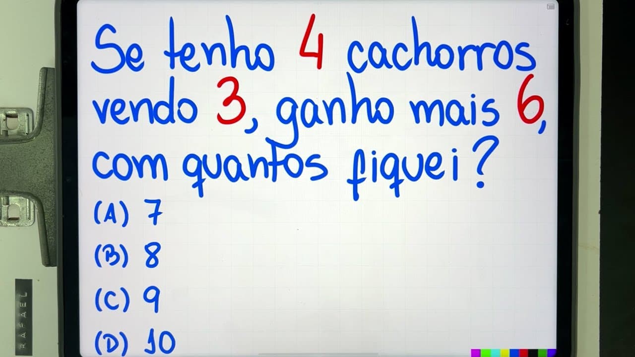 Thumbnail: 🐶 Se tenho 4 CACHORROS vendo 3, GANHO mais 6, com QUANTOS fiquei? Você consegue resolver?
