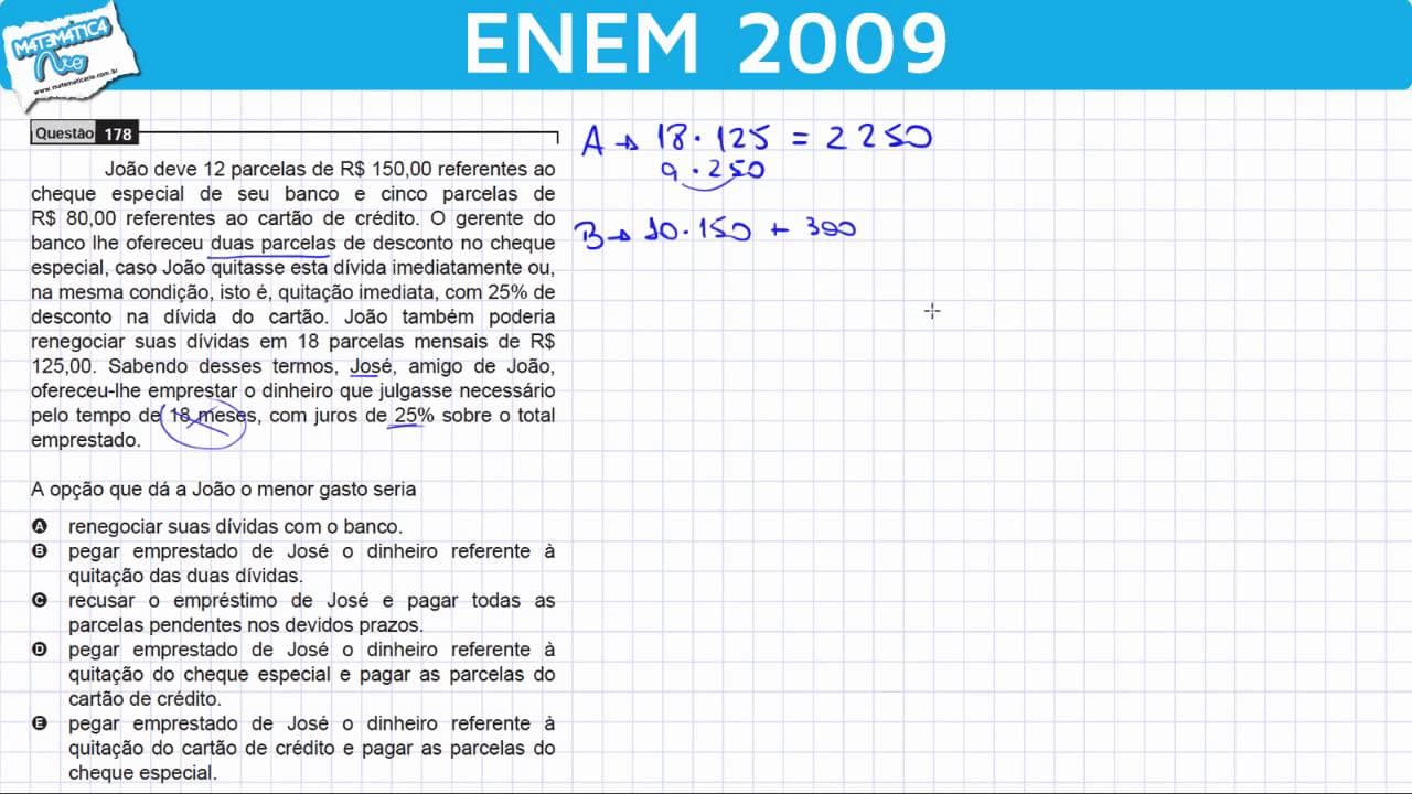 Thumbnail: ENEM 2009 Matemática #43 - Matemática Financeira, Dívida e Porcentagem