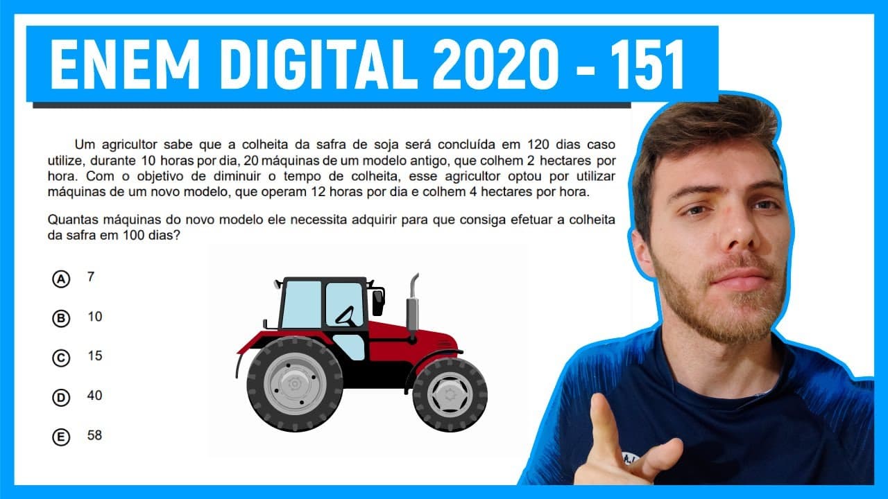 Thumbnail: 🛑Questão 151 Enem DIGITAL 2020 - REGRA DE 3 COMPOSTA - Um agricultor sabe que a colheita da ...