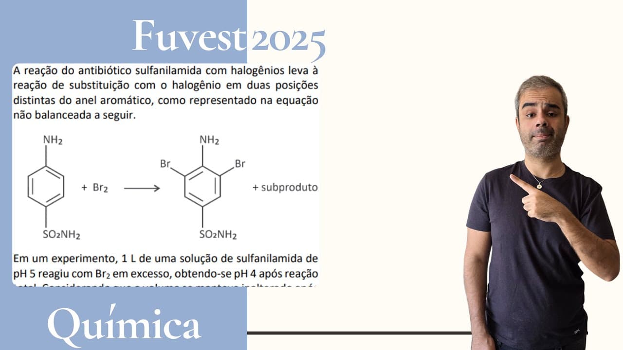 Thumbnail: FUVEST 2025 - A reação do antibiótico sulfanilamida com halogênios leva à reação de substituição com