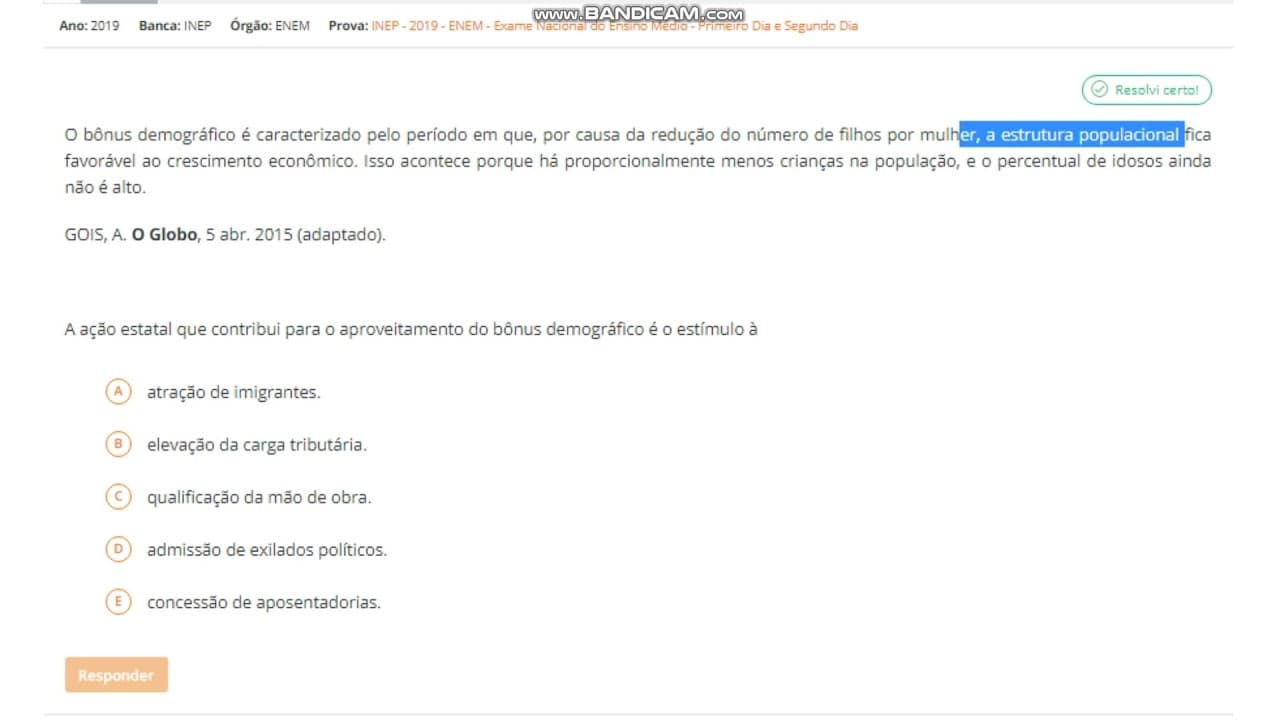 Thumbnail: Questão enem 2019 sobre Bônus demográfico
