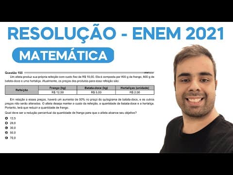 Thumbnail da aula: ENEM 2021 – Um atleta produz sua própria refeição com custo fixo de R$ 10,00. Ela é composta por 400