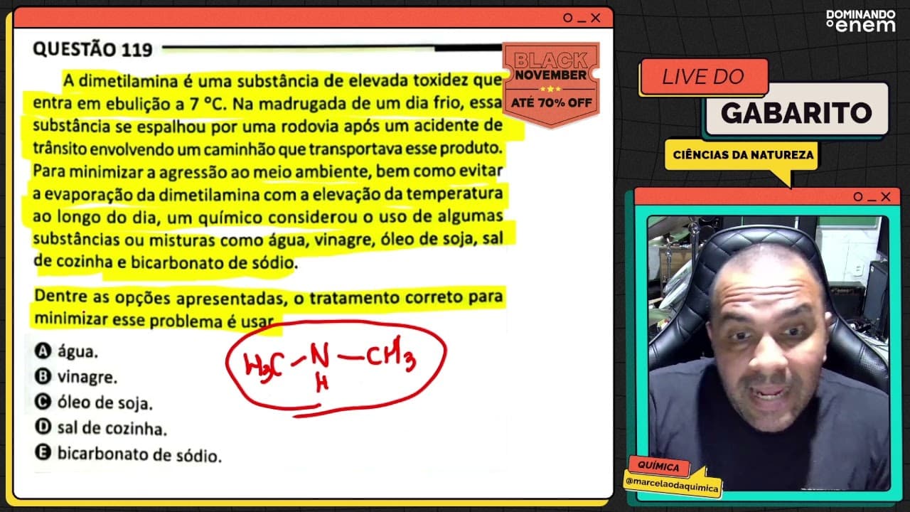 Thumbnail: ENEM 2025: A dimetilamina é uma substância de elevada toxidez que entra em ebulição a 7 ºC. Na madru