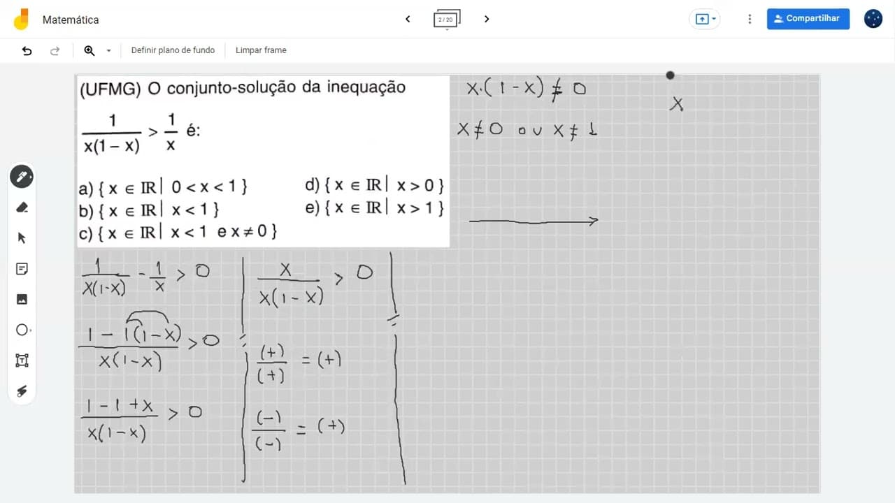 Thumbnail: (UFMG) O conjunto-solução da inequação 1/[x/(1 - x)] maior do que 1/x é: