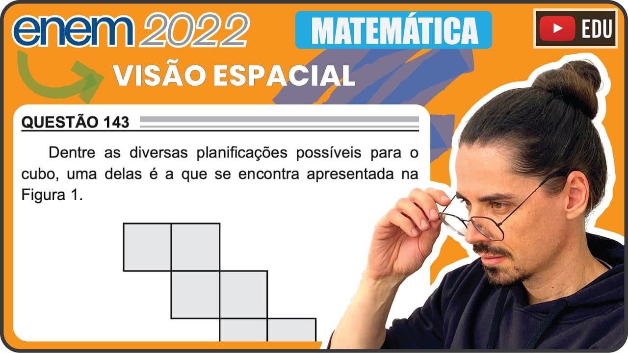 Thumbnail: [ENEM 2022] 143 📘 VISÃO ESPACIAL Dentre as diversas planificações possíveis para o cubo, uma delas é
