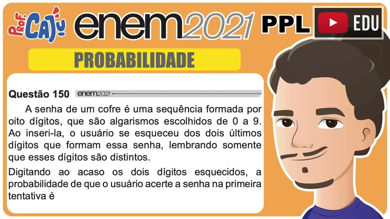 Thumbnail: [ENEM 2021 PPL] 150 📘 PROBABILIDADE A senha de um cofre é uma sequência formada por oito dígitos