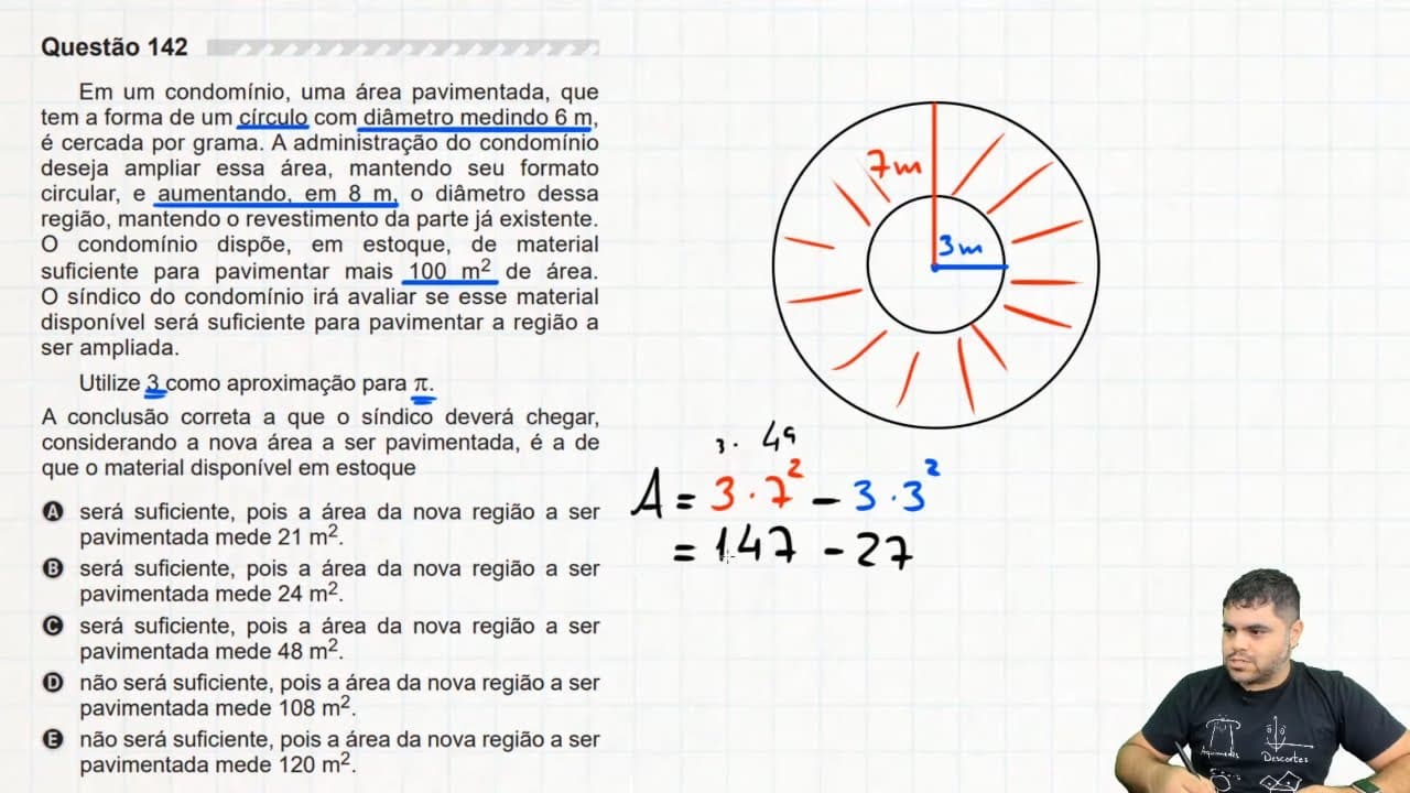 Thumbnail: 🔥 Questão de ÁREA DO CÍRCULO E COROA CIRCULAR 142 ENEM 2019 | Em um condomínio, uma área pavimentada