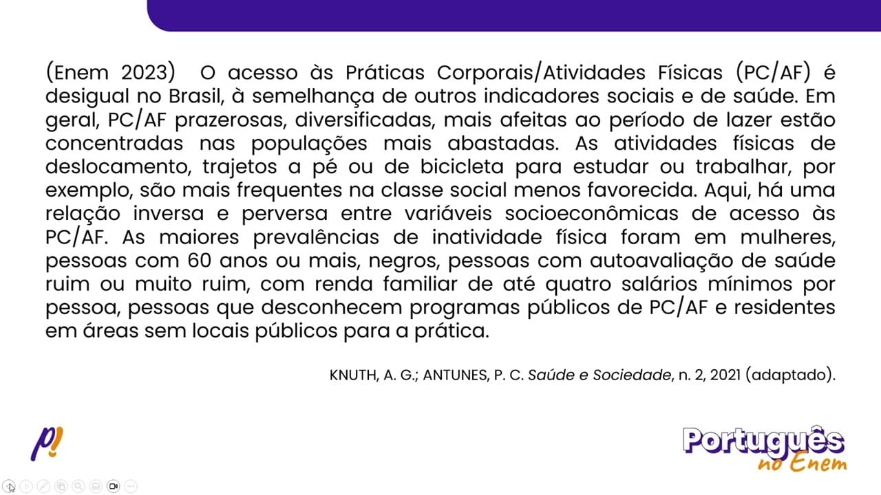 Thumbnail: ENEM 2023 - INTERPRETAÇÃO E INFERÊNCIA DE TEXTOS | O acesso às Práticas Corporais/Atividades...