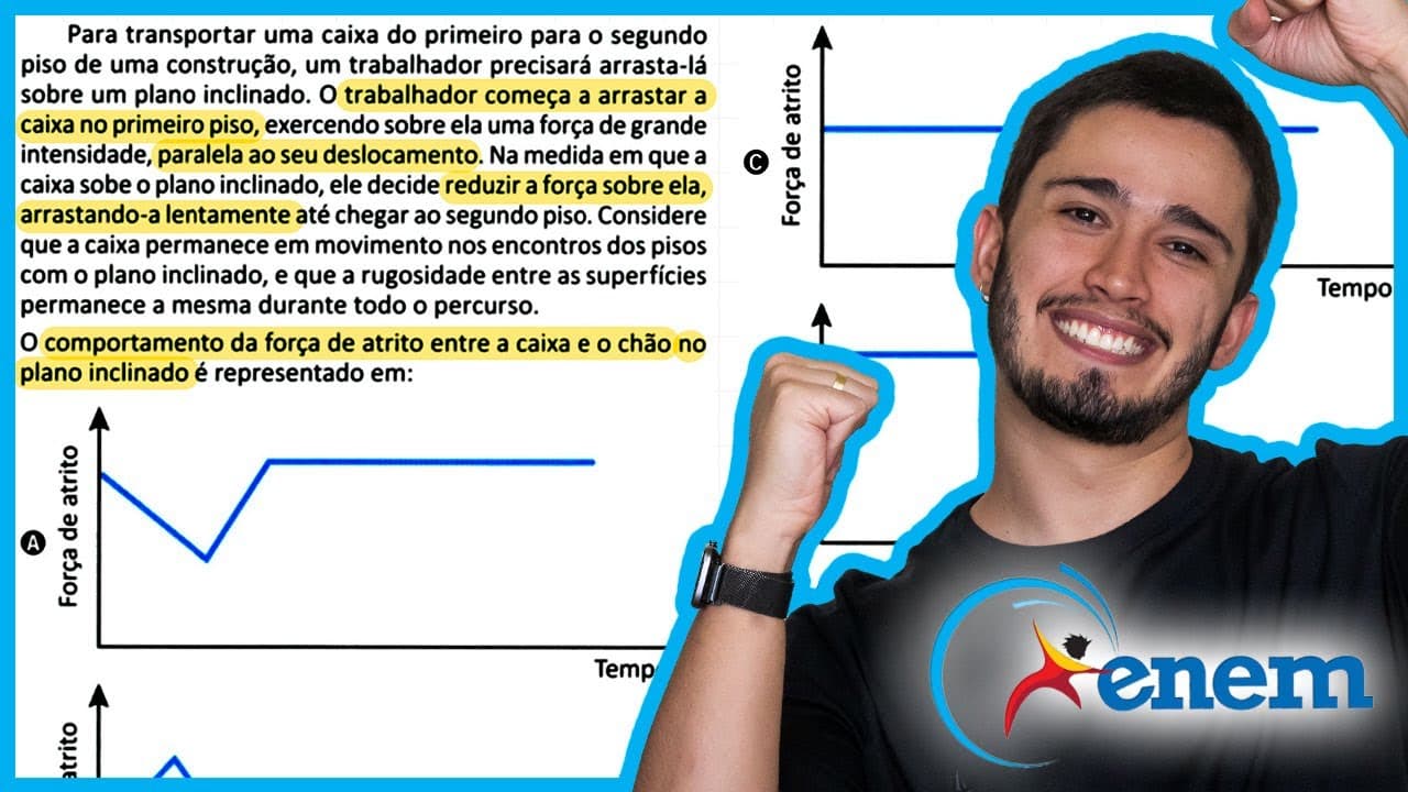 Thumbnail: ENEM 2025 - Para transportar uma caixa do primeiro para o segundo piso de uma construção, um trabalh