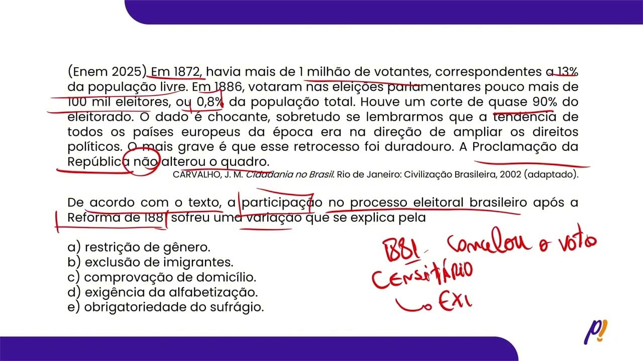 Thumbnail: ENEM 2025 | Em 1872, havia mais de 1 milhão de votantes, correspondentes a 13% da população livre...
