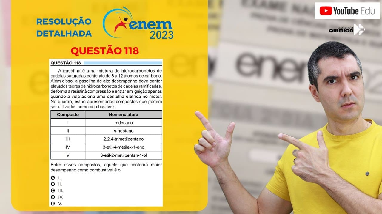 Thumbnail: QUÍMICA ENEM 2023! "A gasolina é uma mistura de hidrocarbonetos de cadeias saturadas contendo ..."