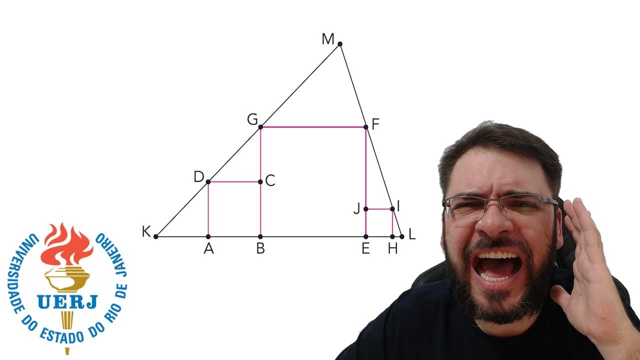 Thumbnail: UERJ/2025 Os quadrados ABCD, BEFG e EHIJ têm os lados AB, BE e EH contidos na base KL do triângulo