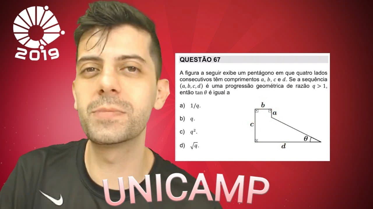 Thumbnail: UNICAMP 2019 - Q67 Mat - A figura a seguir exibe um pentágono em que quatro lados