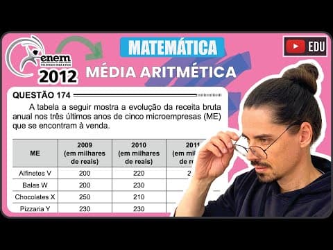Thumbnail da aula: [ENEM 2012] 174 📘 MÉDIA ARITMÉTICA A tabela a seguir mostra a evolução da receita bruta anual nos