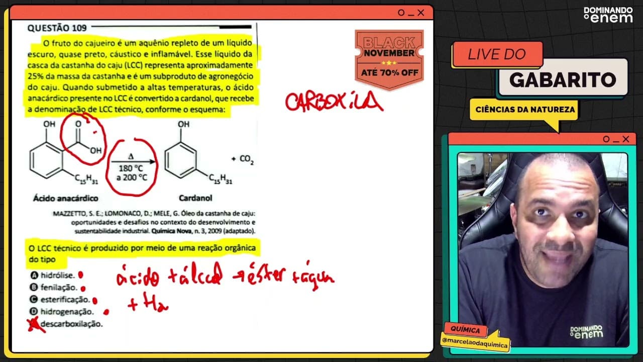 Thumbnail: ENEM 2025: O fruto do cajueiro é um aquênio repleto de um líquido escuro, quase preto, cáustico e