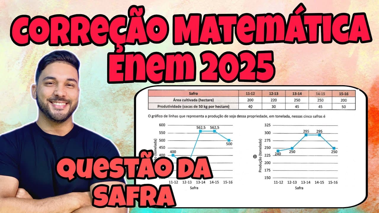 Thumbnail: ENEM 2025 - MATEMÁTICA | A PRODUTIVIDADE DE SOJA EM UMA ÁREA CULTIVADA É A MÉDIA DA QUANTIDADE...