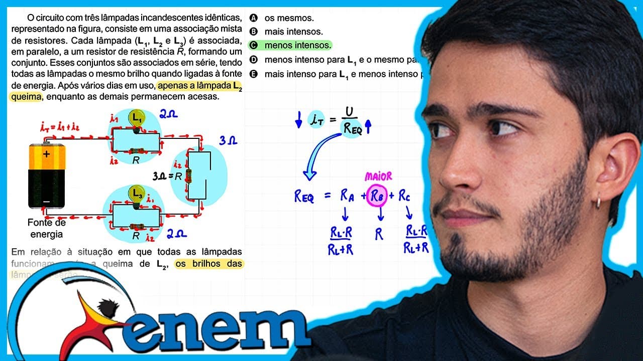Thumbnail: ENEM 2023 - O circuito com três lâmpadas incandescentes idênticas, representado na figura, consiste