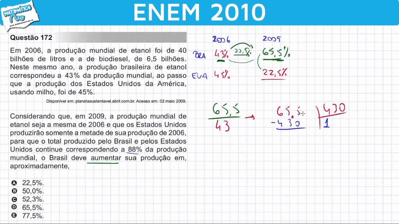 Thumbnail: ENEM 2010 Matemática #37 - Porcentagem e Produção de Etanol
