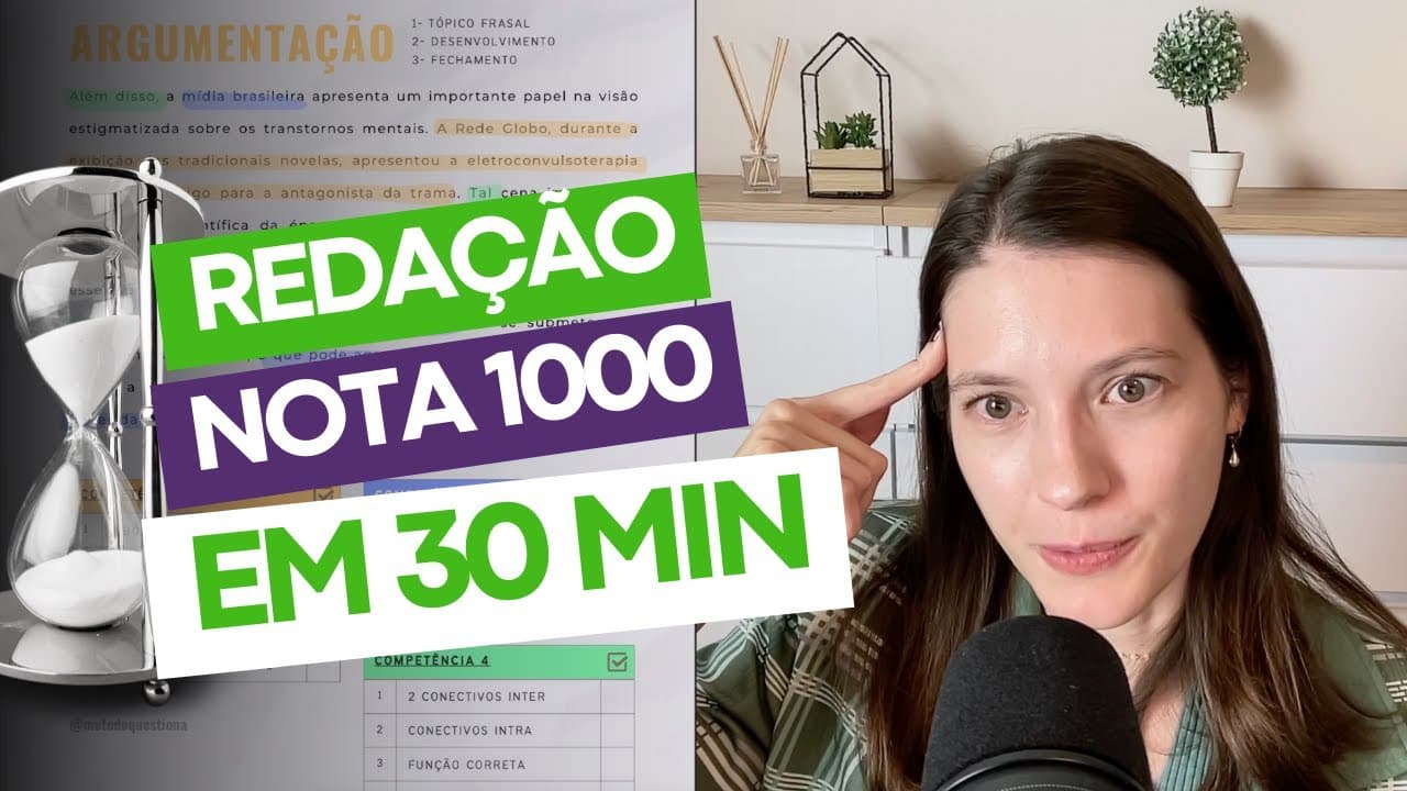 Thumbnail: ⏰ ENEM essay in 30 minutes! Template for ANY topic, no need to memorize.