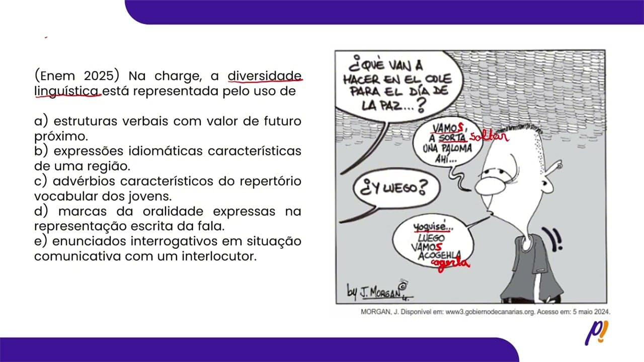 Thumbnail: ENEM 2025 | Na charge, a diversidade linguística está representada pelo uso de...