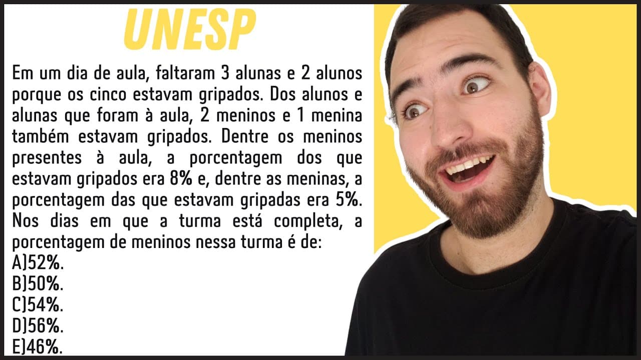 Thumbnail: UNESP RESOLUÇÃO MATEMÁTICA | PORCENTAGEM | Em um dia de aula, faltaram 3 alunas e 2 alunos porque