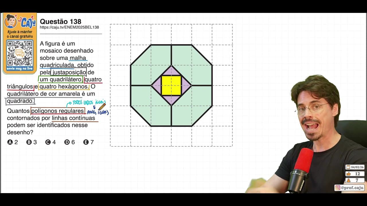 Thumbnail: [ENEM 2025 Belém] 138 📘 GEOMETRIA PLANA A figura é um mosaico desenhado sobre uma malha quadriculada