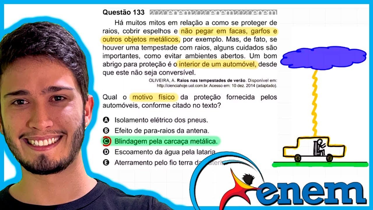 Thumbnail: ENEM 2020 - Há muitos mitos em relação a como se proteger de raios, cobrir espelhos e não pegar em f