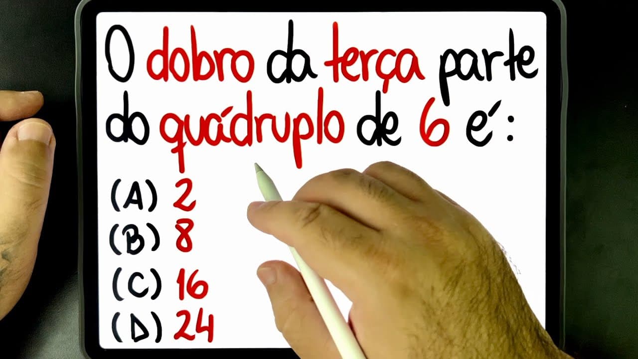 Thumbnail: 🔥 Raciocínio Lógico: O DOBRO DA TERÇA PARTE DO QUÁDRUPLO DE 6 É QUANTO? Você consegue resolver?