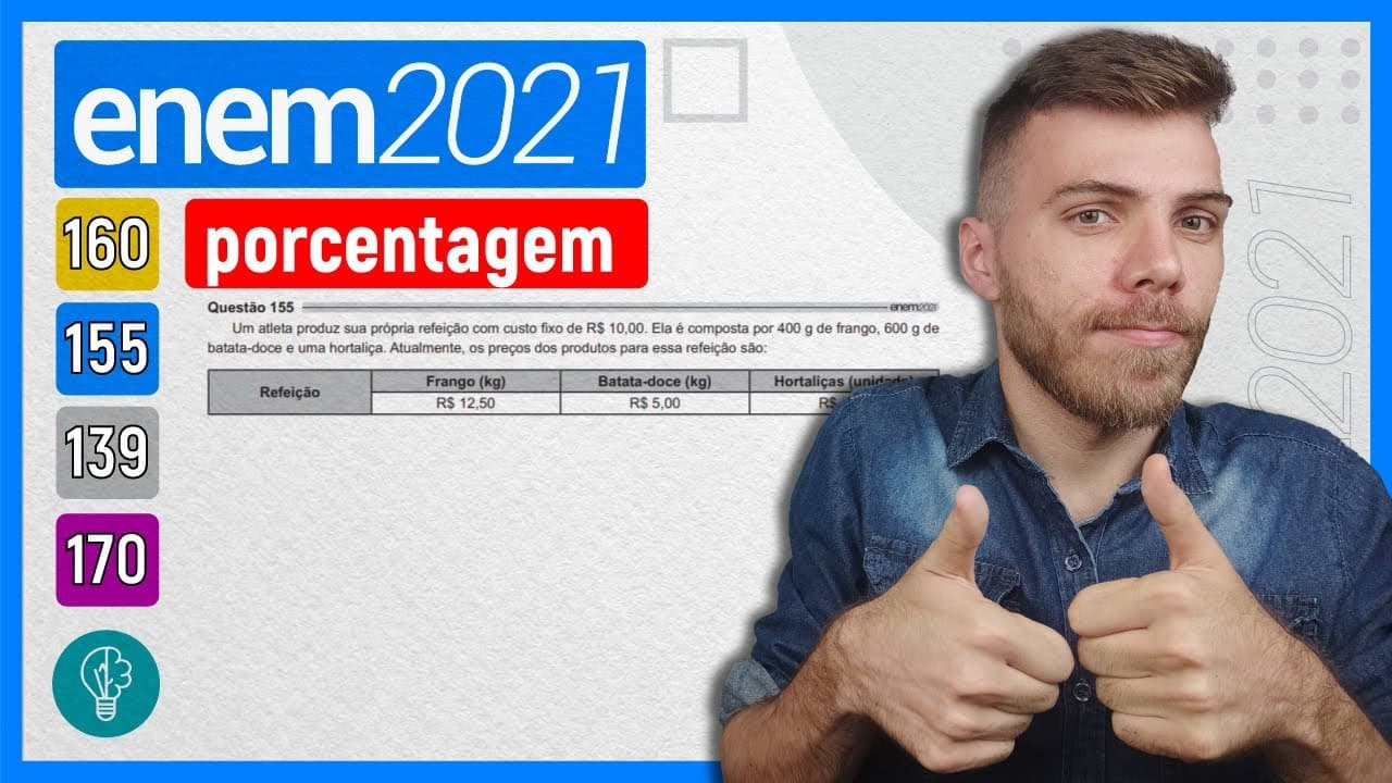 Thumbnail: 🛑155 Enem 2021 - PORCENTAGEM - Um atleta produz sua própria refeição com custo fixo de R$ 10,00. Ela