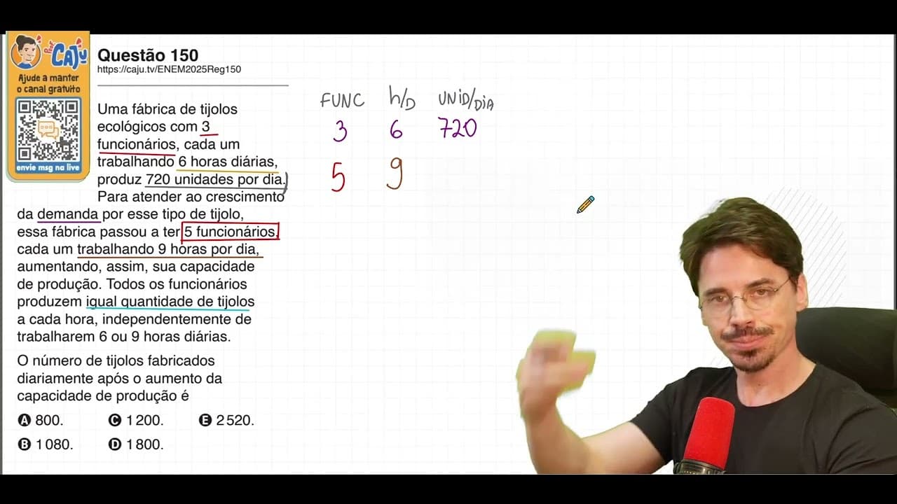 Thumbnail: [ENEM 2025] 150 📘 REGRA DE TRÊS COMPOSTA Uma fábrica de tijolos ecológicos com 3 funcionários, cada